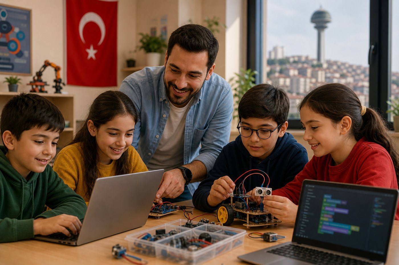 Eğitmen öğrencilere robotik dersinde yardım ediyor